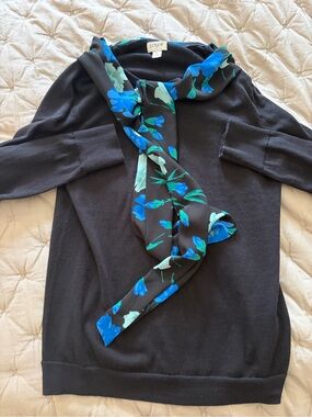 J. Crew Black Sweater with Blue & Teal Floral Scarf